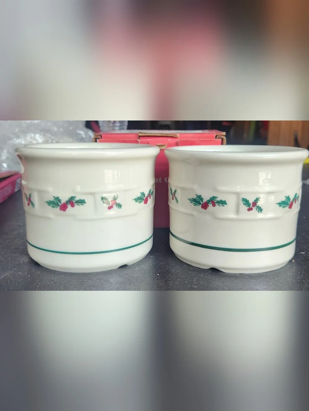 2 Longaberger Pottery One Pint Crock Woven Christmas Traditional Holly & Berries